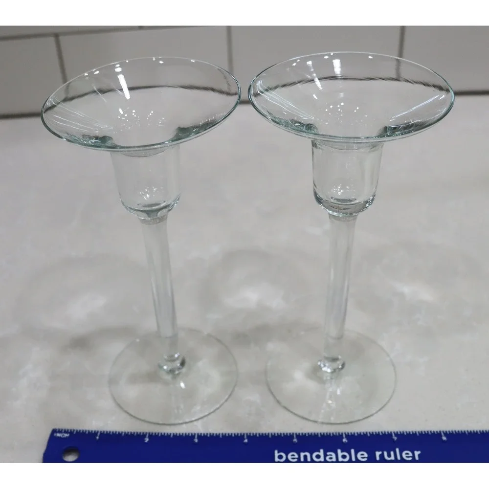 Pair Clear Hand Blown Glass Taper Candlestick Holders 6.75